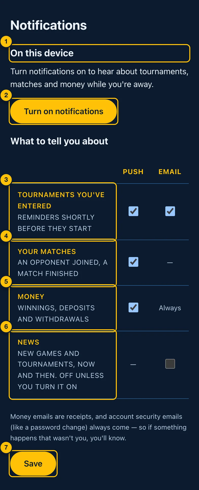 Notifications on the account page