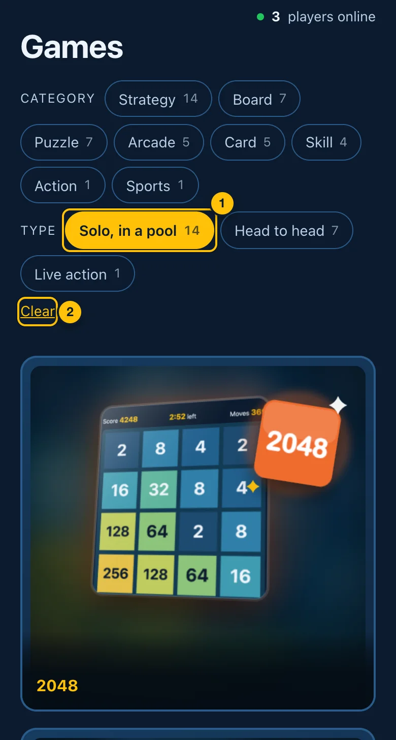 The Games page with a filter on