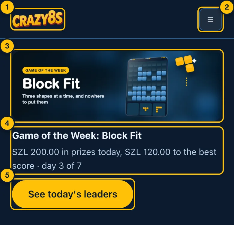 The top of the home page: the logo, the menu button, and the Game of the Week banner