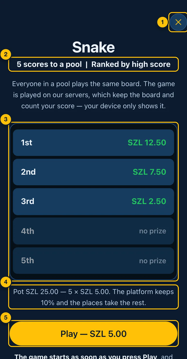 The pool's prize screen