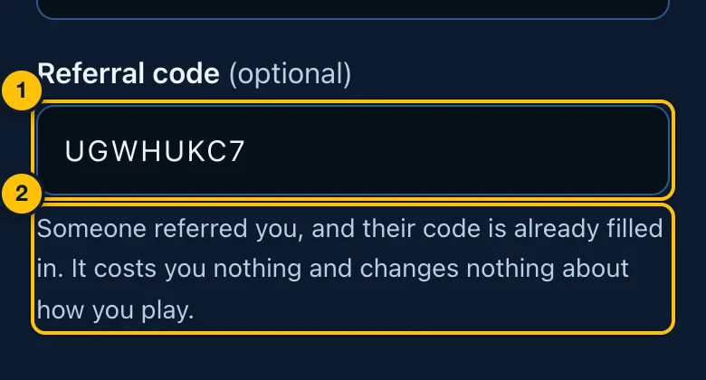 The referral code filled in from a link