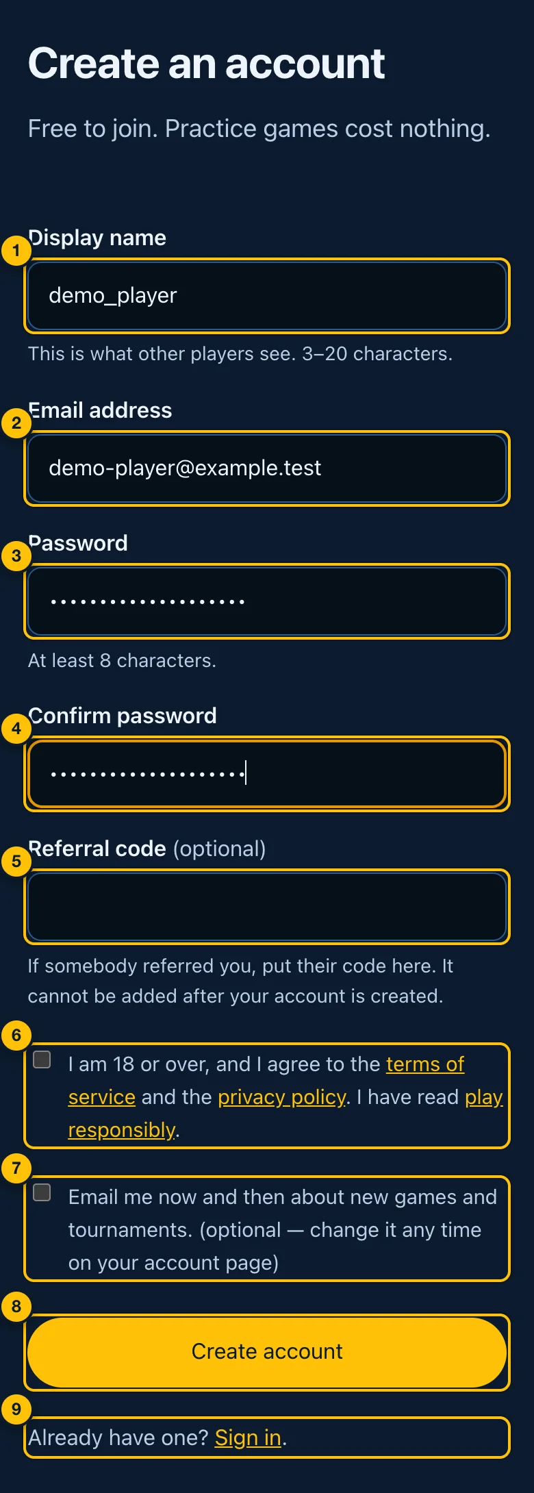 The Create an account form, filled in