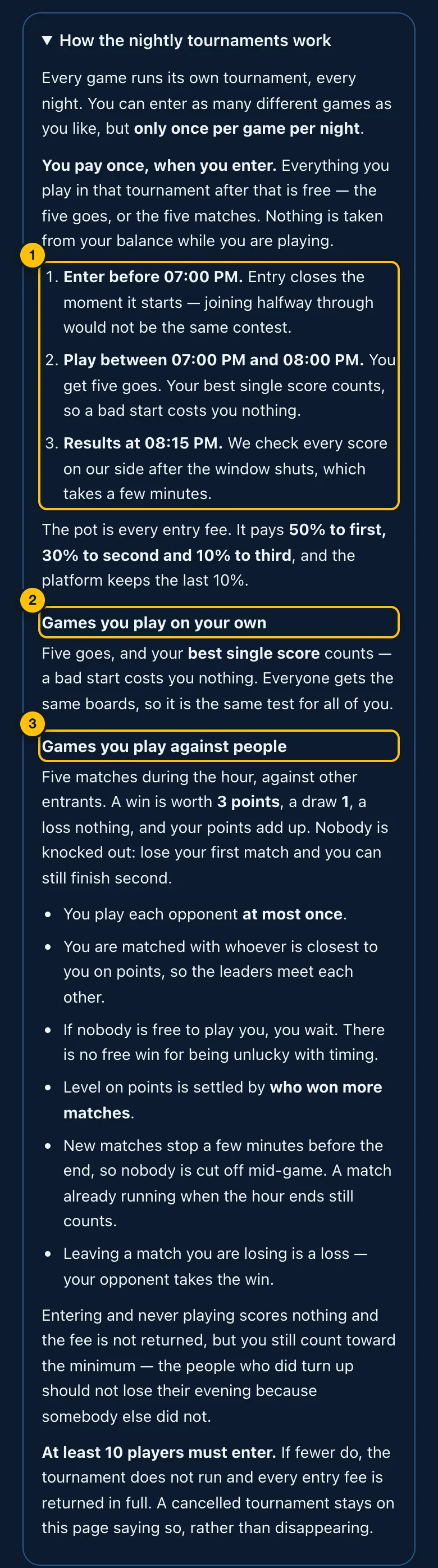 How the nightly tournaments work