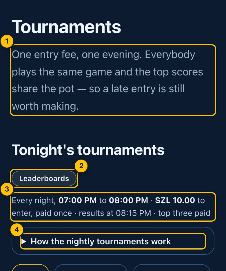 The top of the Tournaments page