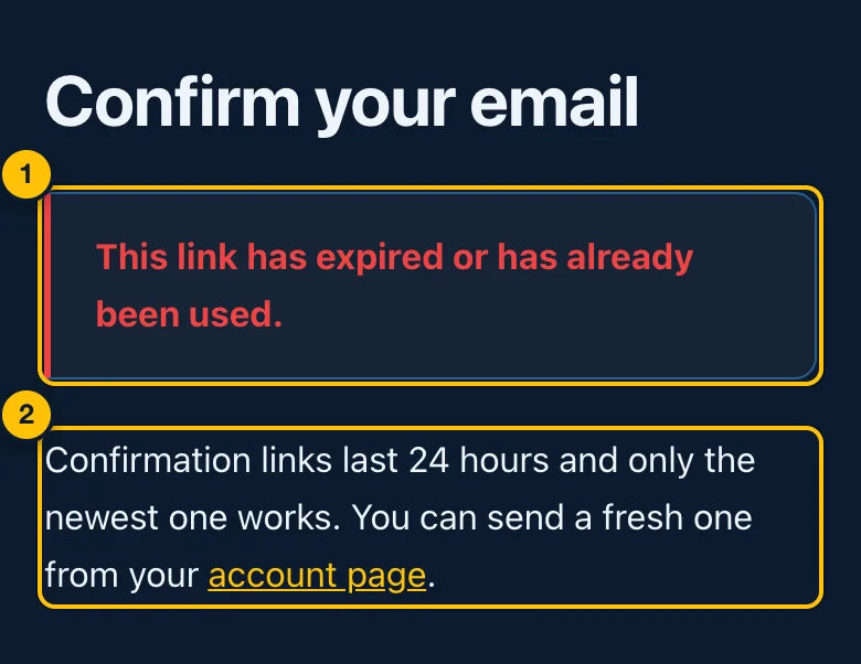 A confirmation link that no longer works