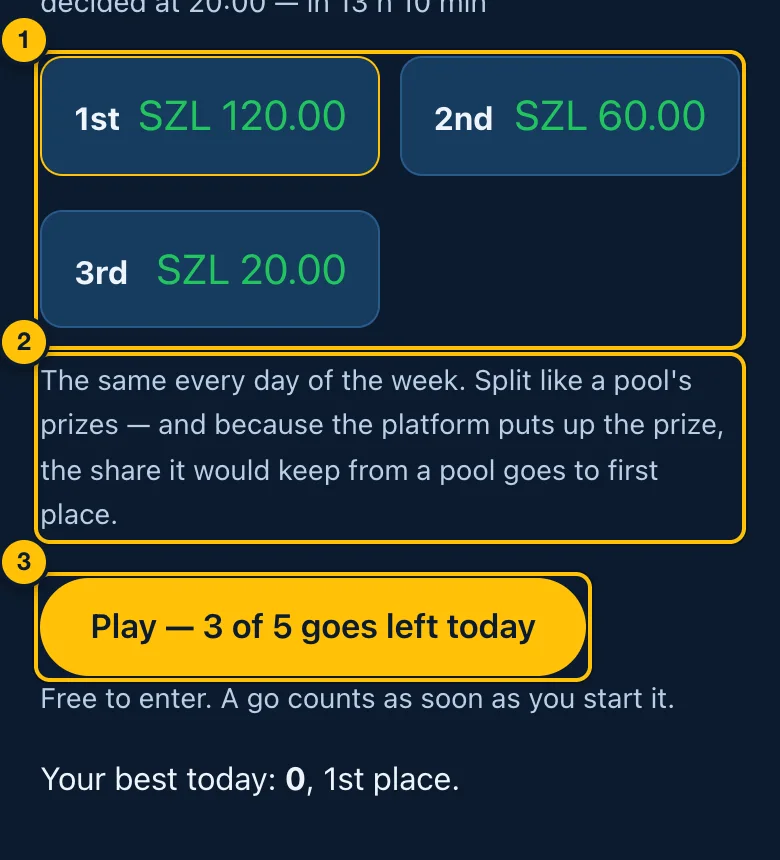 Today's prizes and the Play button